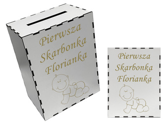 Duża biała skarbonka zamknięcie 20x15cm z GRAWEREM na prezent na urodziny