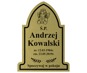 Grawerowana TABLICZKA nagrobna na grób na krzyż gotycka złota 20x15cm