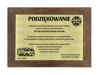 Podziękowanie z grawerem od strażaków OSP pamiątkowy dyplom dla darczyńców