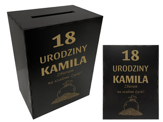 Duża czarna skarbonka zamknięcie 20x15cm z GRAWERM na prezent 18 urodziny