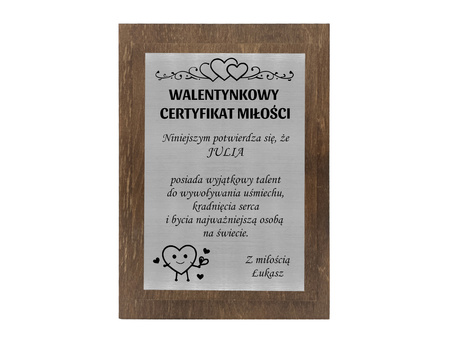 Walentynkowy certyfikat z grawerem dyplom prezent na walentynki