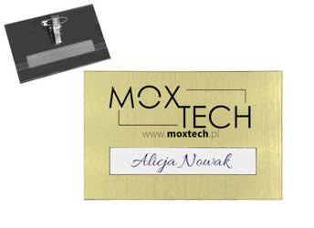 Plakietka Identyfikator personalny z okienkiem GRAWER logo firmy złoty