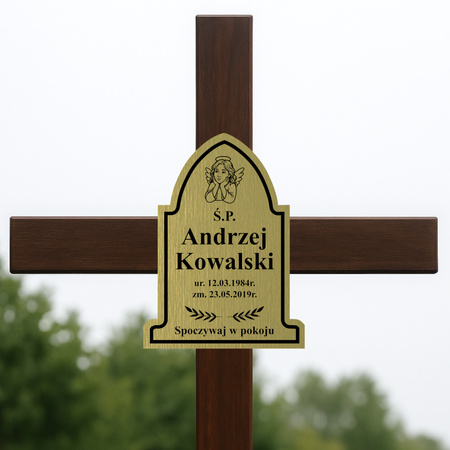 Grawerowana TABLICZKA nagrobna na grób na krzyż gotycka złota 20x15cm