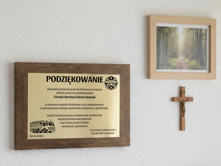 Podziękowanie z grawerem od strażaków OSP pamiątkowy dyplom dla darczyńców