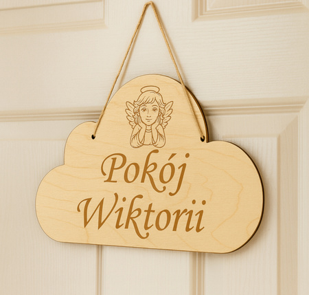 Drewniana tabliczka chmurka grawer na drzwi, pokój dziecka, personalizacja