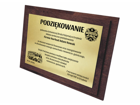 Podziękowanie z grawerem od strażaków OSP pamiątkowy dyplom dla darczyńców