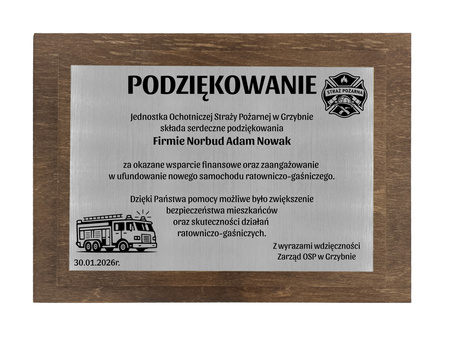 Podziękowanie z grawerem od strażaków OSP pamiątkowy dyplom dla darczyńców