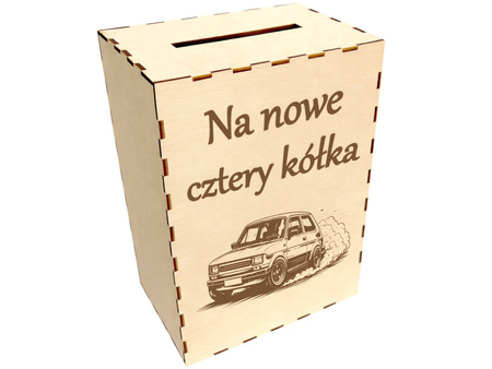 Duża drewniana skarbonka z grawerem – Zbieram na auto na prezent urodziny 