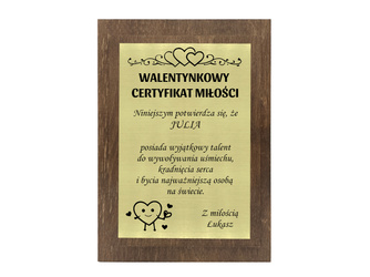 Walentynkowy certyfikat z grawerem dyplom prezent na walentynki