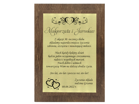 Drewniana tabliczka jubileuszowa na rocznicę ślubu z grawerem pamiątka