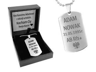 Nieśmiertelnik stal z GRAWEREM pudełko prezent