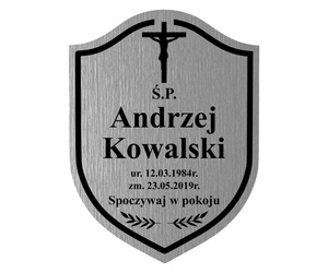 Grawerowana TABLICZKA nagrobna na grób na krzyż klasyczna srebrna 20x15cm