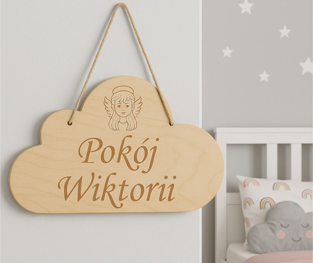 Drewniana tabliczka chmurka grawer na drzwi, pokój dziecka, personalizacja