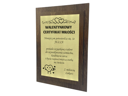 Walentynkowy certyfikat z grawerem dyplom prezent na walentynki